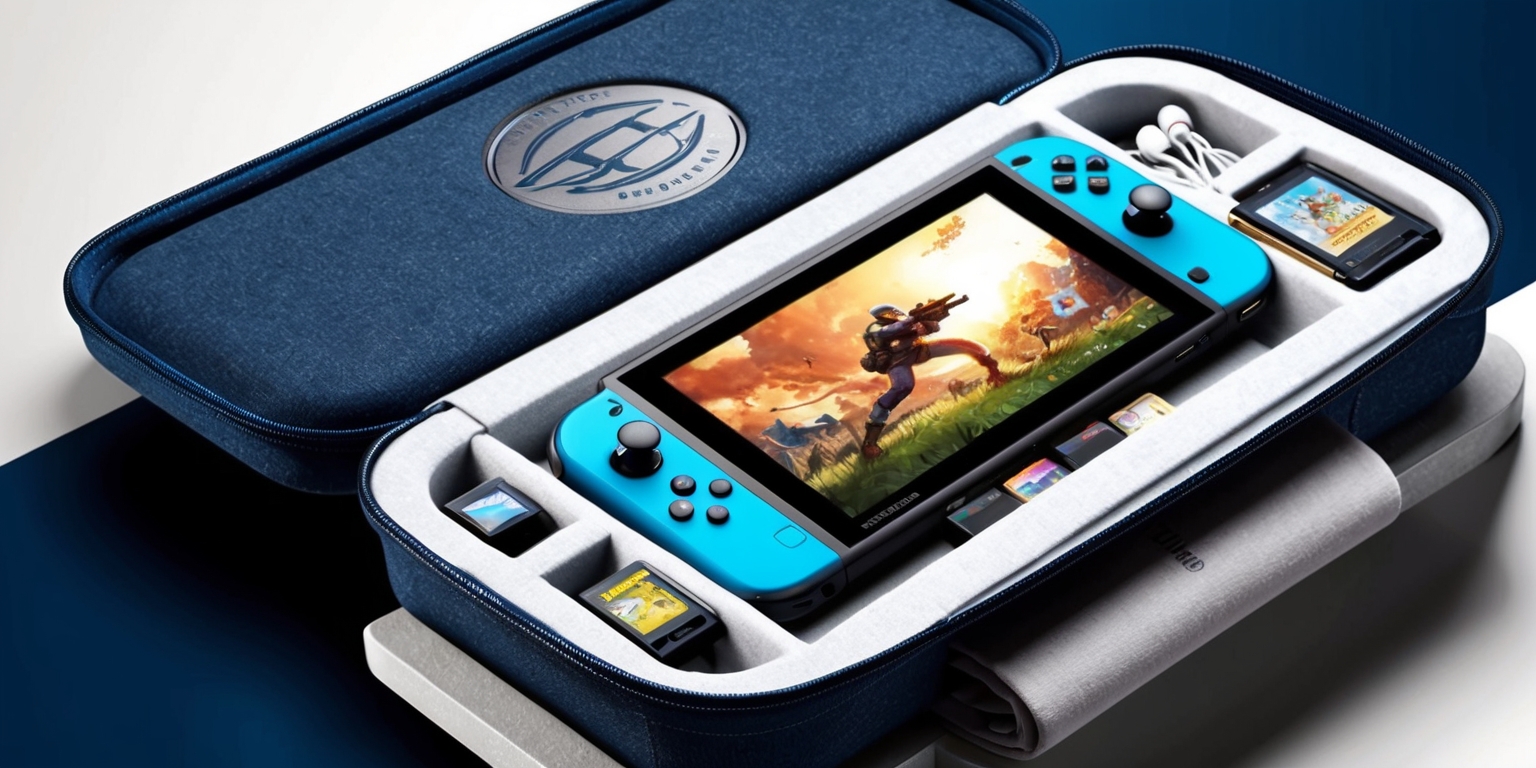 A sleek, sturdy travel case holds a popular handheld gaming device, its vibrant screen showcasing an exciting in-game scene, with a few strategically placed game cartridges and accessories, such as a pair of earbuds and a soft, velvety pouch, neatly organized within the various compartments and pockets, the case's outer shell featuring a tasteful, debossed logo in metallic silver, set against a clean, high-contrast color scheme of deep blues and whites, the overall design exuding a sense of durability, portability, and style, inviting gamers to take their favorite games on the road.