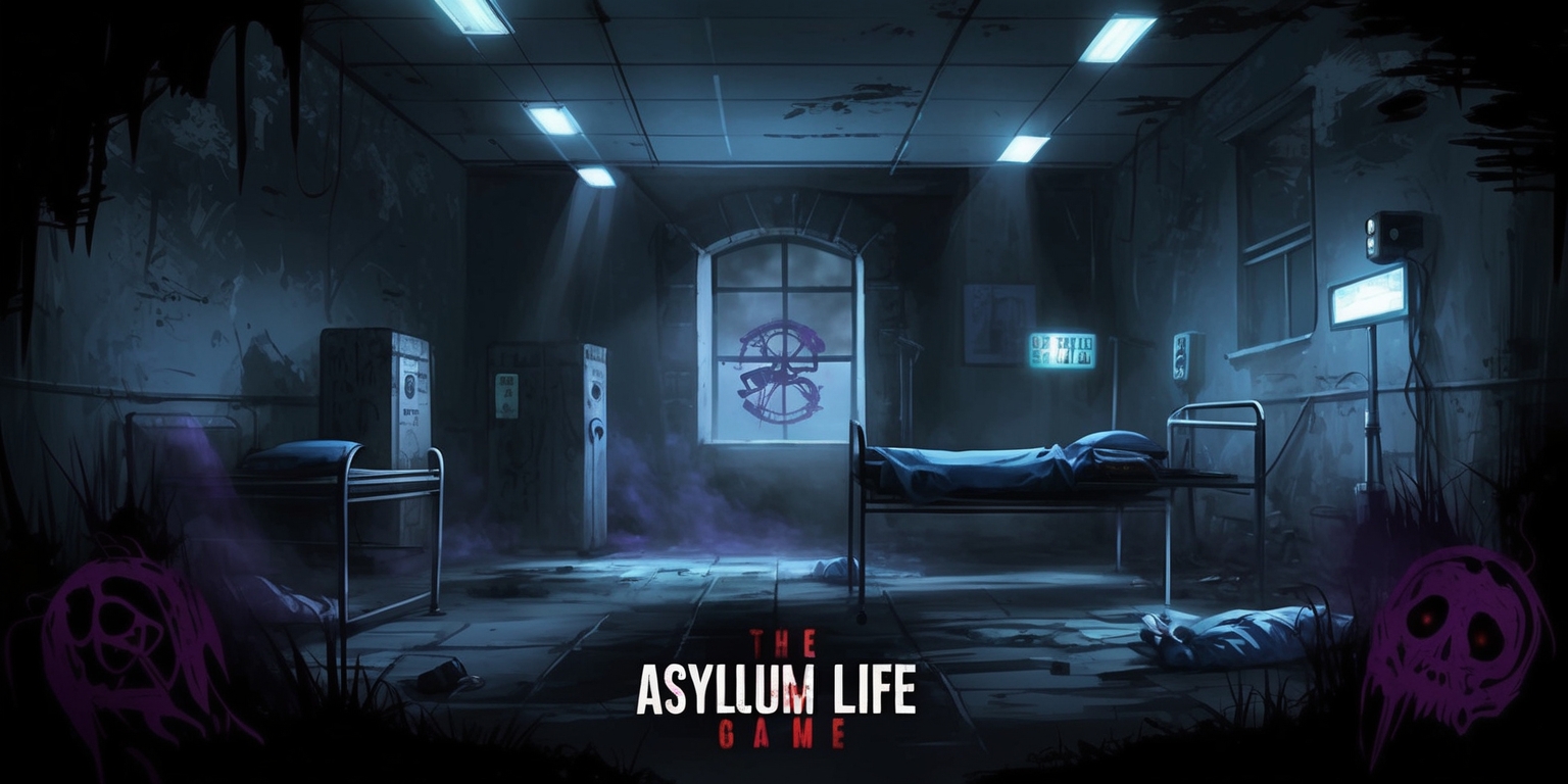 A haunting and eerie digital artwork depicting the ominous atmosphere of the Asylum Life game, with a dark and muted color palette featuring shades of grey, blue, and purple, set against a dimly lit backdrop of a dilapidated asylum, with crumbling walls, rusty medical equipment, and flickering fluorescent lights, the scene is dominated by a sense of desperation and fear, with faint hints of mysterious symbols and eerie sounds emanating from the shadows, the overall style is a mix of realistic and stylized elements, with bold lines, textures, and dramatic lighting, capturing the essence of a thrilling and terrifying gaming experience.