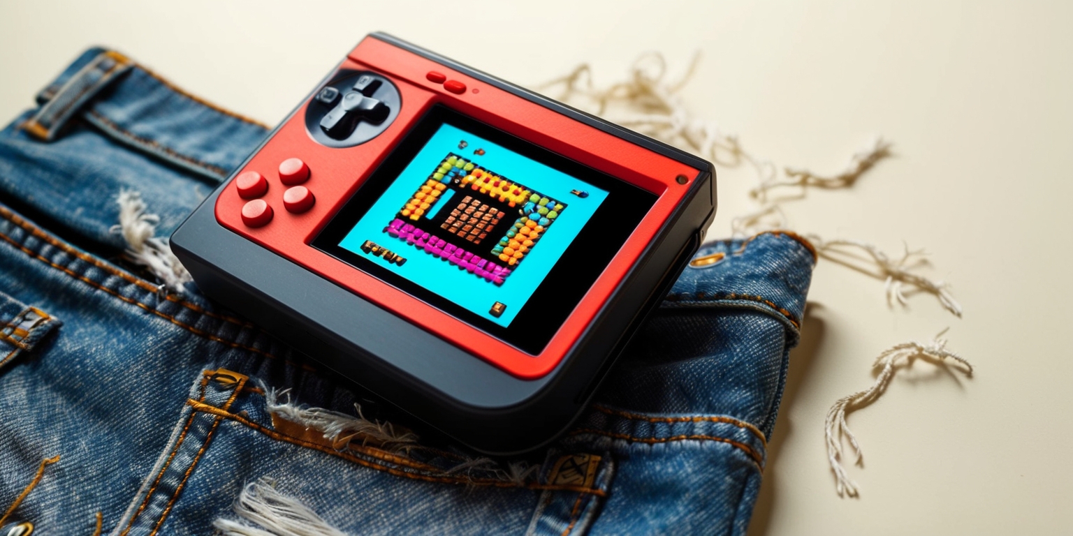 A nostalgic retro gaming handheld console with a bold, bright, and colorful design, featuring a prominent screen displaying a pixel art game, surrounded by a durable plastic casing with a matte finish, adorned with retro-style buttons and a directional pad, complete with a sleek curved shape and a comfortable grip, sitting on a worn, faded, and slightly torn denim jeans pocket, with a few loose threads and a subtle texture, against a soft, creamy white background that evokes a sense of warmth and nostalgia, with a shallow depth of field to emphasize the console.