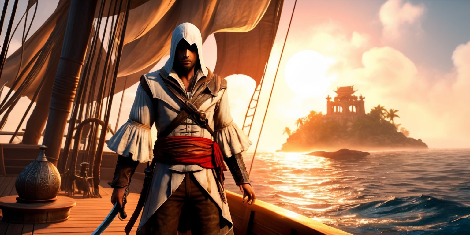 A vibrant and detailed scene depicting a character from Assassin's Creed Black Flag Resynced, standing on the deck of a pirate ship, with a warm golden light of a sunset casting a glow on the surrounding environment, the character wearing a white shirt with billowy sleeves, brown pants, and a red sash, with a sword at their side, and a determined expression on their face, with a subtle scar above their left eyebrow, and a few days worth of stubble, the ship's sails are filled with wind, and the sea is calm with a few waves gently rocking the ship, in the background a faint outline of a mystical island with a ancient temple, the entire scene is rendered in a stunning high definition color palette with intricate details and textures.