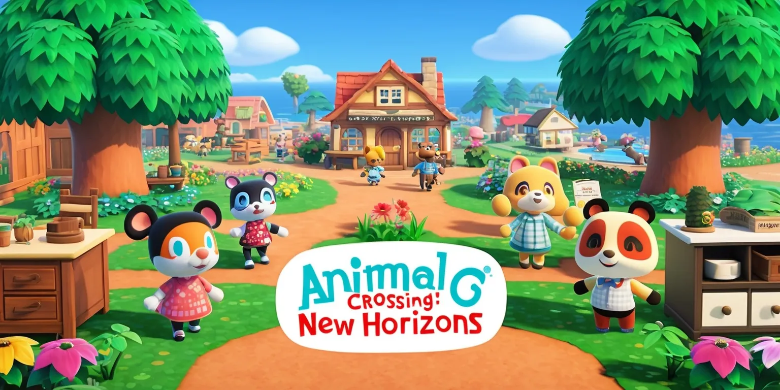 A vibrant and detailed illustration of the Animal Crossing: New Horizons game, featuring a picturesque island setting with lush green trees, colorful flowers, and a clear blue sky, with Tom Nook's store and other village buildings in the background, and various anthropomorphic animal characters such as Tom Nook, Isabelle, and K.K. Slider, with distinct facial features and expressive personalities, surrounded by furniture and decor items, and featuring the game's logo in a bold, white, and rounded font style, with the title written in a fun and playful cursive script, all set against a warm and inviting atmosphere.