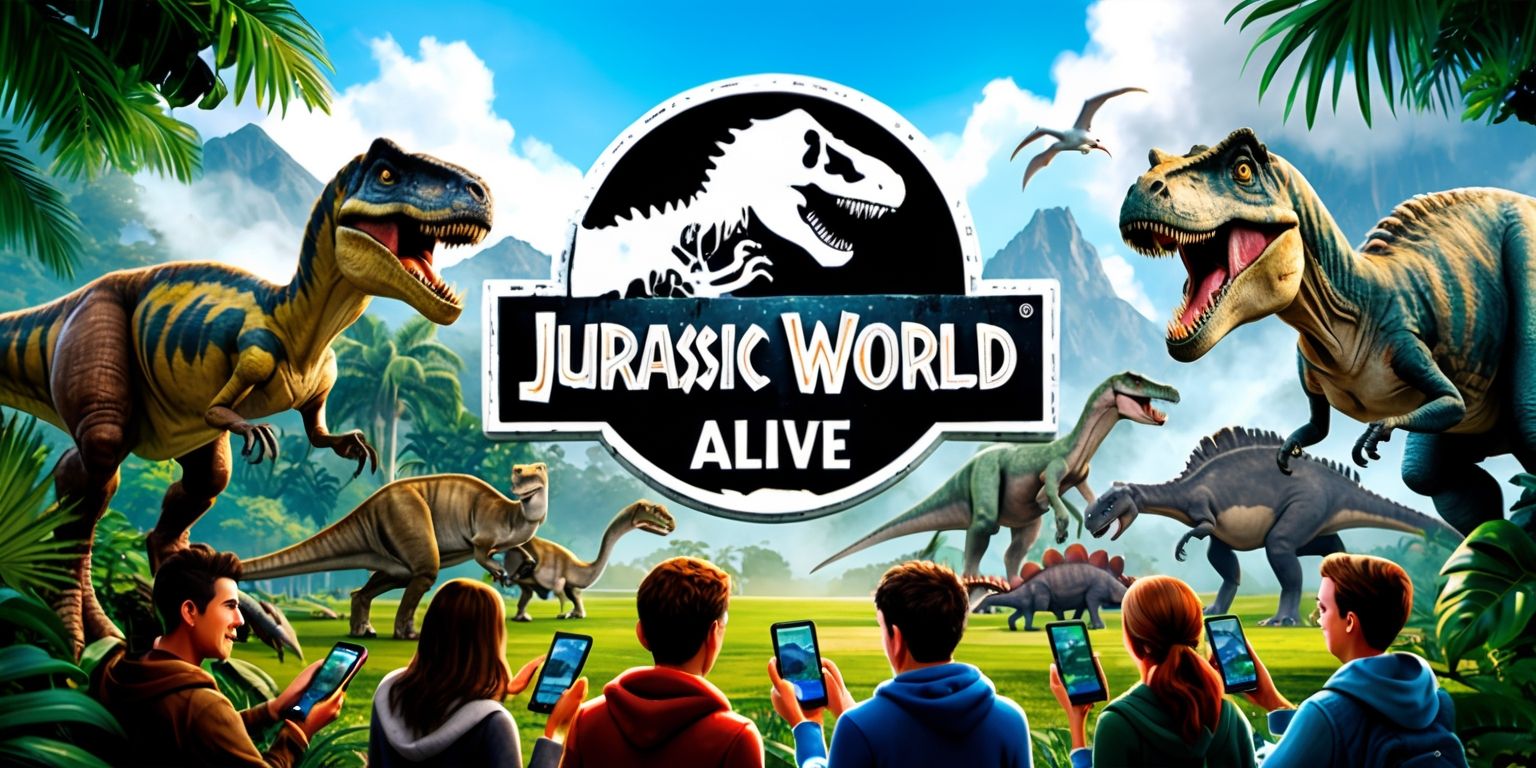 A highly detailed and colorful illustration of the Jurassic World Alive game, showcasing a variety of dinosaurs in their natural habitats, with lush green forests, misty mountains, and clear blue skies, the game's logo prominently displayed in a bold, modern font with a metallic sheen, in the foreground a group of people are shown interacting with their mobile devices, their faces filled with excitement and wonder, the dinosaurs are rendered in a realistic style with vibrant textures and intricate details, the overall atmosphere is one of adventure and discovery, with a sense of awe-inspiring scale and majesty, the color palette is a mix of earthy tones and bright blues and greens, with subtle lighting effects that enhance the overall visual depth and realism of the scene.