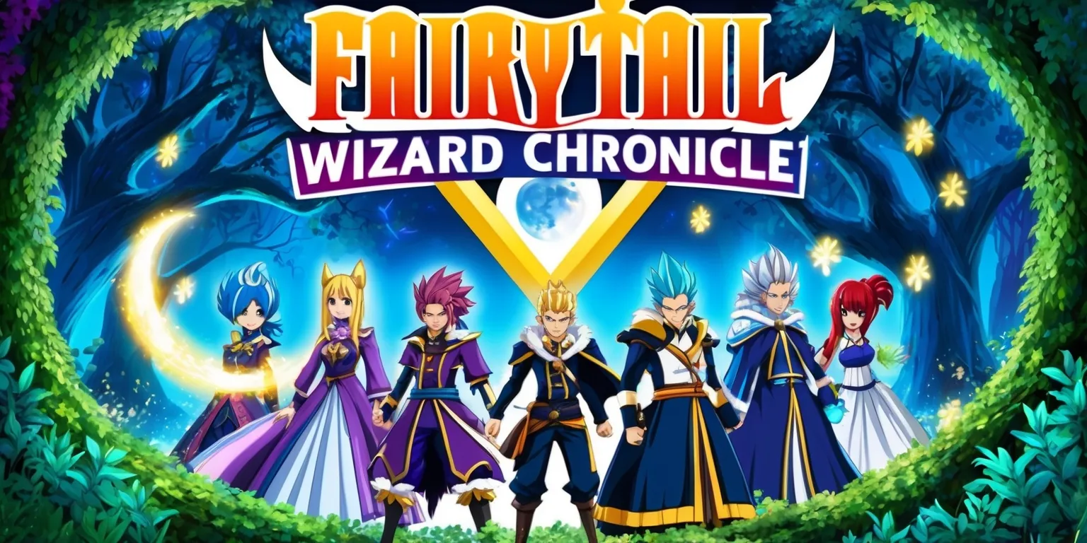A vibrant and dynamic illustration of the Fairy Tail Wizard Chronicle game, featuring a V-shaped formation of five wizards with unique magical attire and hairstyles, set against a V-shaped backdrop of a mystical forest with towering trees, glowing fireflies, and a full moon, with the Fairy Tail logo prominently displayed in bold, golden font at the top, and the game's title in a curved line above the wizards, in a V-shaped arc of bright, shining silver letters, with lush green foliage and colorful magical effects surrounding the wizards, and a subtle gradient effect in the background, blending shades of blue and purple to represent the magic and fantasy of the game.