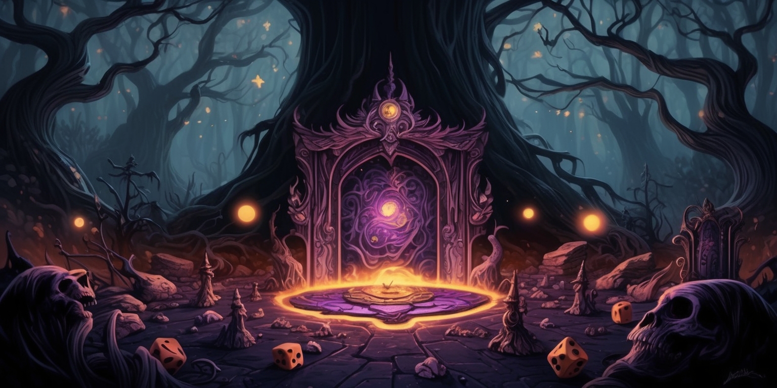 A haunting, atmospheric illustration of a mystical game world, shrouded in darkness, with eerie, glowing orbs and twinkling stars scattered across the sky. The backdrop is a deep, foreboding forest, with ancient, gnarled trees looming in the shadows, their twisted branches like skeletal fingers reaching towards the heavens. In the foreground, a ornate, mysterious game board or portal glows with an otherworldly light, surrounded by scattered, ornate game pieces, dice, and strange, arcane artifacts. The color palette is dark and muted, with shades of indigo, purple, and black, punctuated by flashes of fiery orange and yellow. The overall style is reminiscent of a haunting, Gothic fairy tale, with intricate, detailed linework and textures that evoke a sense of mysticism and wonder.