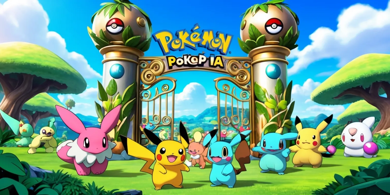A vibrant, fantasy-themed digital illustration of the Pokémon Pokopia game, featuring a variety of colorful Pokémon characters set against a beautiful, lush landscape with rolling hills and towering trees, with a bright blue sky and fluffy white clouds in the background, and in the forefront, a few Pokémon are gathered around a large, ornate gate with a shiny, metallic finish, adorned with intricate carvings of Poké Balls and leaves, with a subtle glow effect to give it a sense of wonder and magic, and the Pokémon characters are designed in a stylized, cartoonish manner with bold lines and bright, pastel colors, and the overall atmosphere is lively and adventurous, inviting the viewer to explore the world of Pokopia.