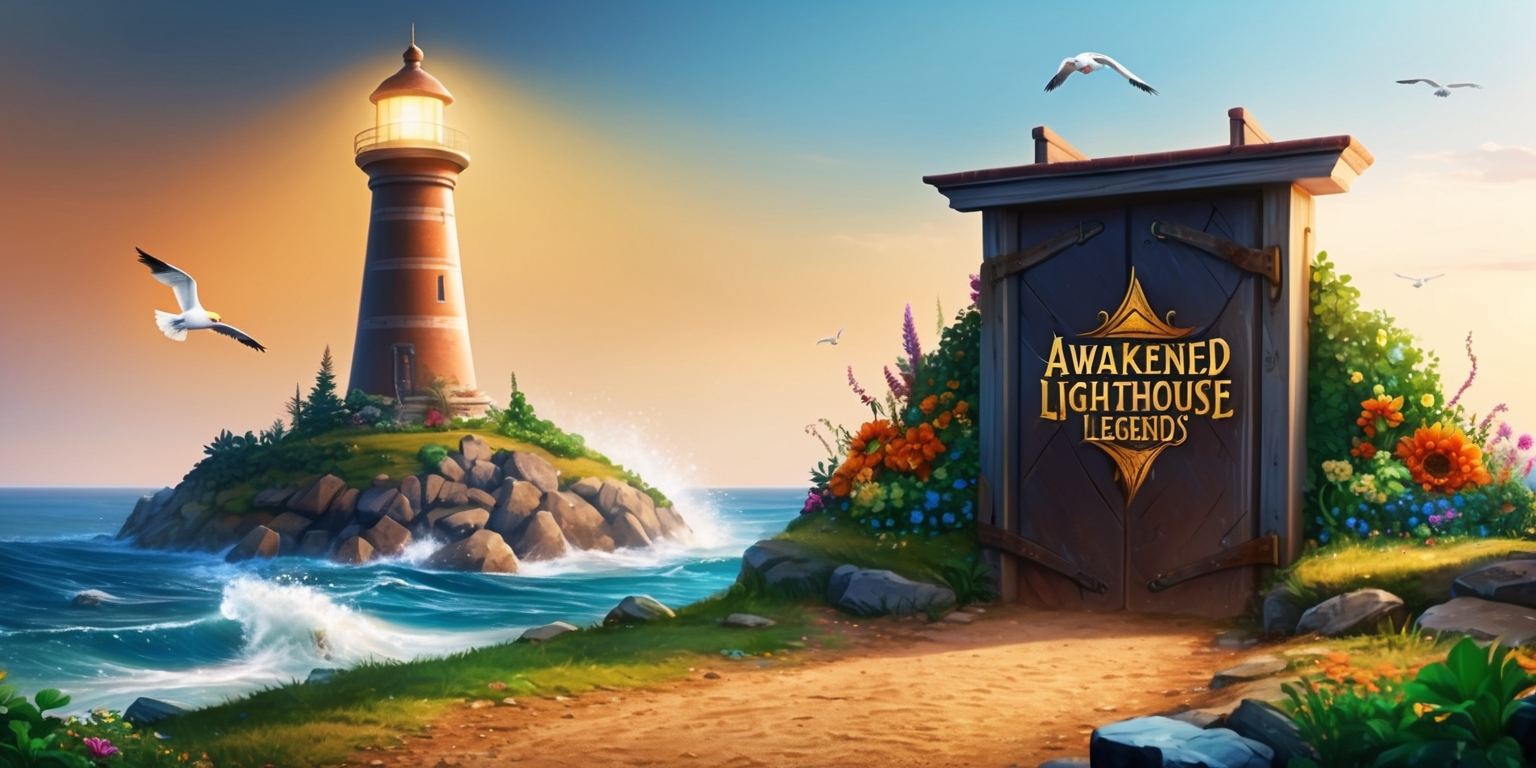A mystical lighthouse stands tall on a rocky coastline, set against a warm orange and blue ombre sky with waves crashing in the foreground, as the Awakened Lighthouse Legends game comes to life, with a faint glow emanating from the lighthouse tower, and a subtle mist surrounding the base, surrounded by lush greenery and vibrant colorful flowers, with a few seagulls flying overhead, and a worn dirt path leading up to the lighthouse entrance, where a large wooden door with a rusty metal handle and a faded game logo bears the inscription Awakened Lighthouse Legends in bold golden lettering.