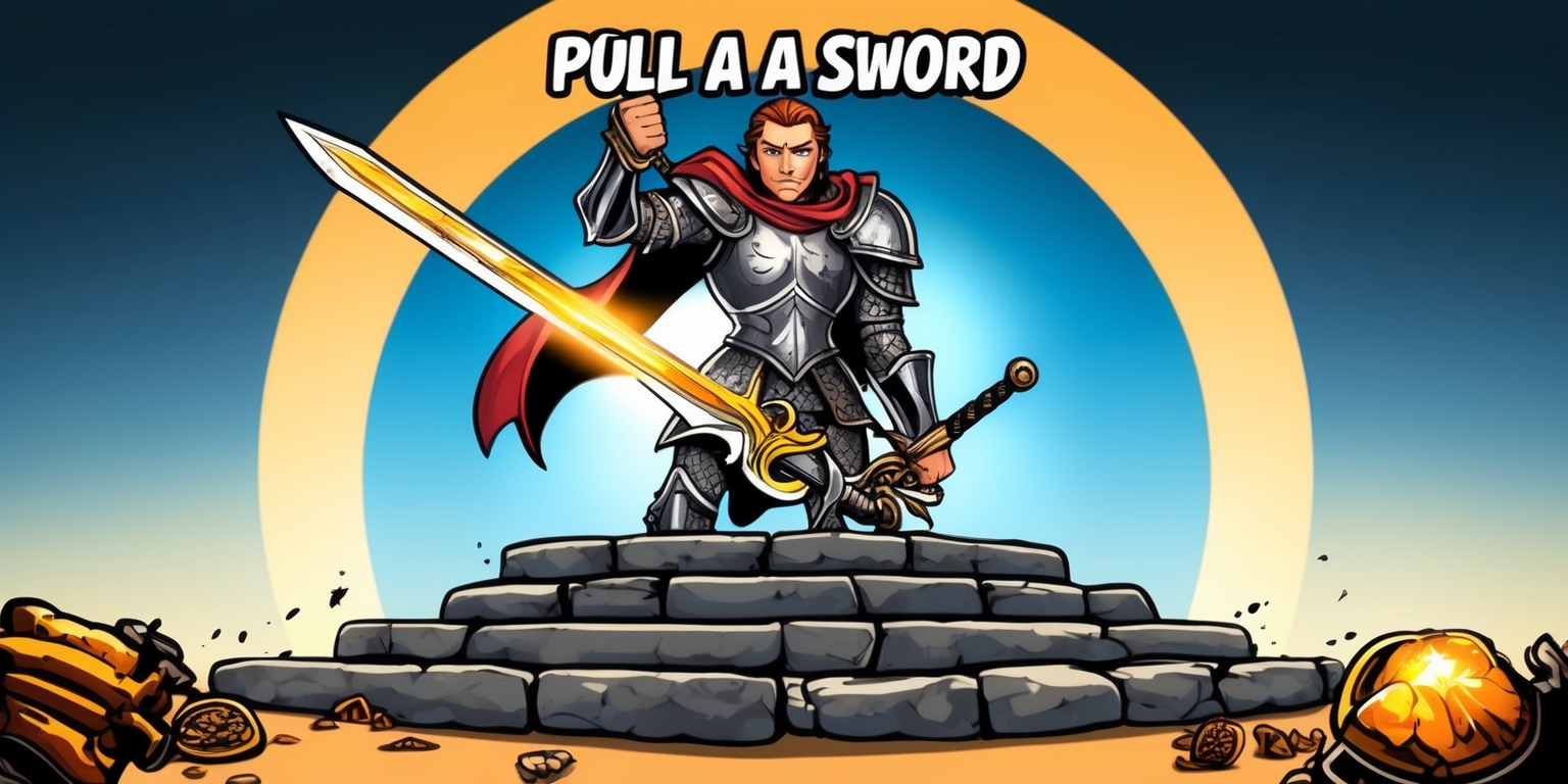 A dynamic, high-energy illustration of a Pull A Sword game scene, set against a gradient blue and gold background, evoking a sense of medieval fantasy and adventure. In the center, a heroic figure, possibly a knight or warrior, stands victorious, grasping the hilt of an ornate sword, its blade shining with a fiery glow. Their determined facial expression, with a strong jawline and piercing blue eyes, radiates confidence and triumph. The figure wears a suit of armor, adorned with intricate engravings and a flowing cape, billowing behind them. In the foreground, a stone pedestal or ancient ruin serves as a pedestal for the sword, surrounded by scattered treasures and mystical artifacts. The overall style is reminiscent of classic RPG and fantasy game artwork, with bold lines, vibrant colors, and textures. The composition is balanced, with ample negative space to focus attention on the central figure and the sword.