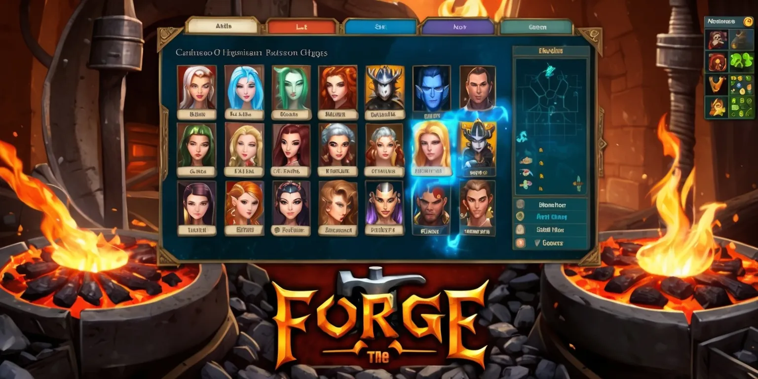 A detailed illustration of a fantasy role-playing game scene from The Forge, featuring a character creation interface with various race customization options, showcasing a mix of fantasy races such as elves, dwarves, and humans, each with unique facial features, skin colors, and attributes, set against a backdrop of a forge with flaming hot coals, molten metal, and hammered steel, with a palette of warm colors including oranges, yellows, and reds, and a hint of magical blue light emanating from the characters, with the game's logo, a stylized anvil with a hammer, prominently displayed in a bold, metallic font, and a layout that highlights the game's strategic choices and gameplay mechanics, including a minimap, skill trees, and inventory screens.