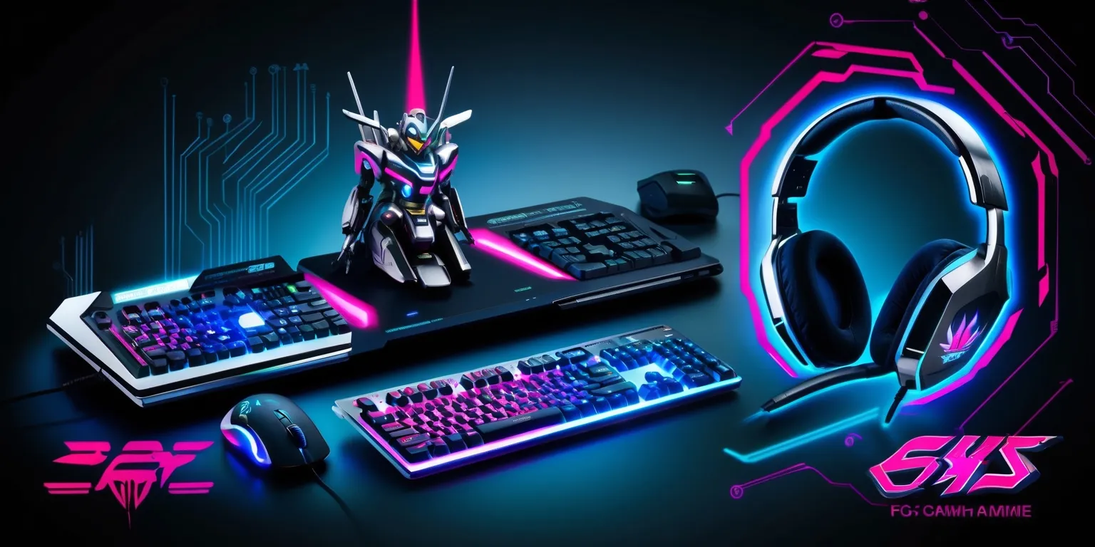 A futuristic gaming setup featuring a sleek, high-performance gaming keyboard, mouse, and headset, all adorned with vibrant, neon-lit accents and decals inspired by a landmark mecha anime, with metallic and chrome finishes, against a dark, gradient blue background, surrounded by subtle, glowing circuit patterns and hints of Japanese-inspired typography, including bold, serif fonts and stylized, cursive logos, with the tech brand's emblem and the anime's iconic mecha silhouette prominently displayed, blending technical innovation with iconic anime aesthetics, evoking a sense of high-tech gaming and anime fandom, with a predominantly dark color scheme, punctuated by bright, electric blues and neon pinks, and a sense of dynamic energy and movement, as if the mecha is about to spring to life.