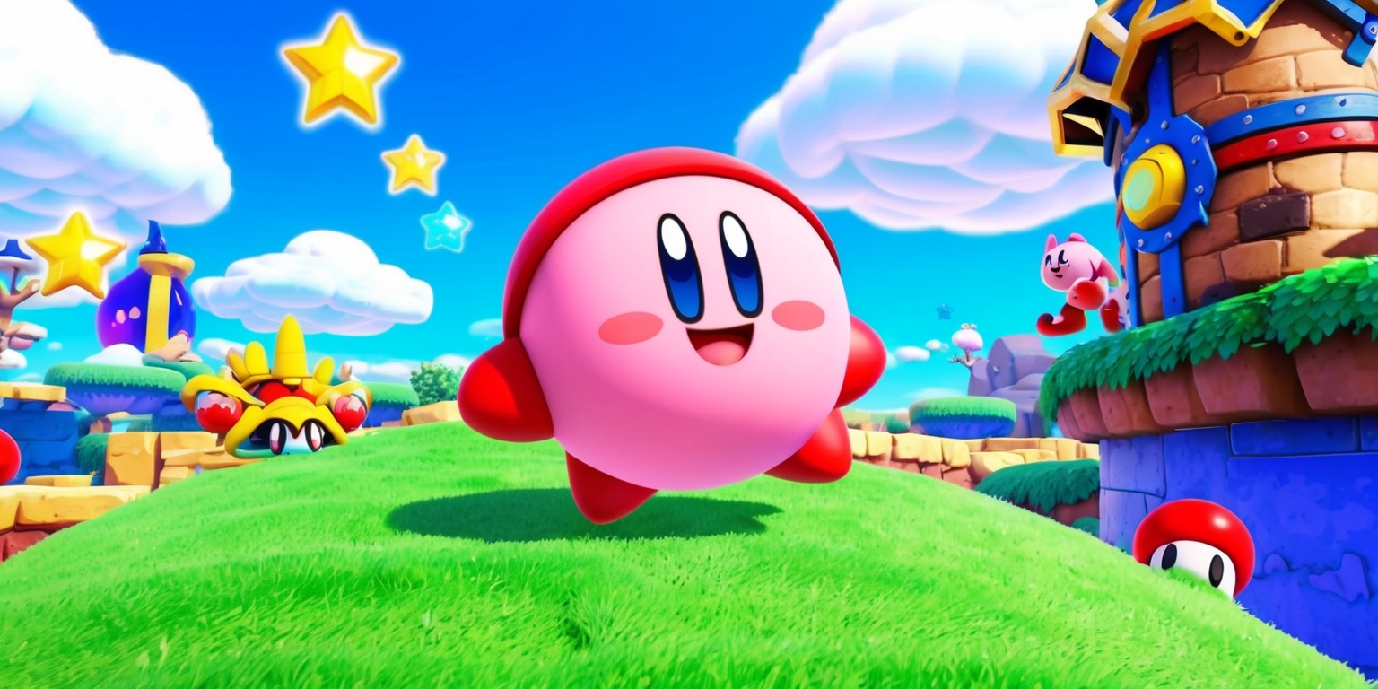 A colorful and vibrant scene from a Kirby platformer game, featuring Kirby, a round and pink creature with a cheerful expression, standing on a lush green grassy hill, surrounded by fluffy white clouds, with a bright blue sky in the background, and a few Warp Stars and enemies like Waddle Dees and Bronto Burts scattered around, the scene is set in a fantasy world with a mix of medieval and futuristic elements, with bold lines, and a cartoonish style, the overall atmosphere is playful and adventurous, with a sense of excitement and joy, and a hint of challenge and danger.
