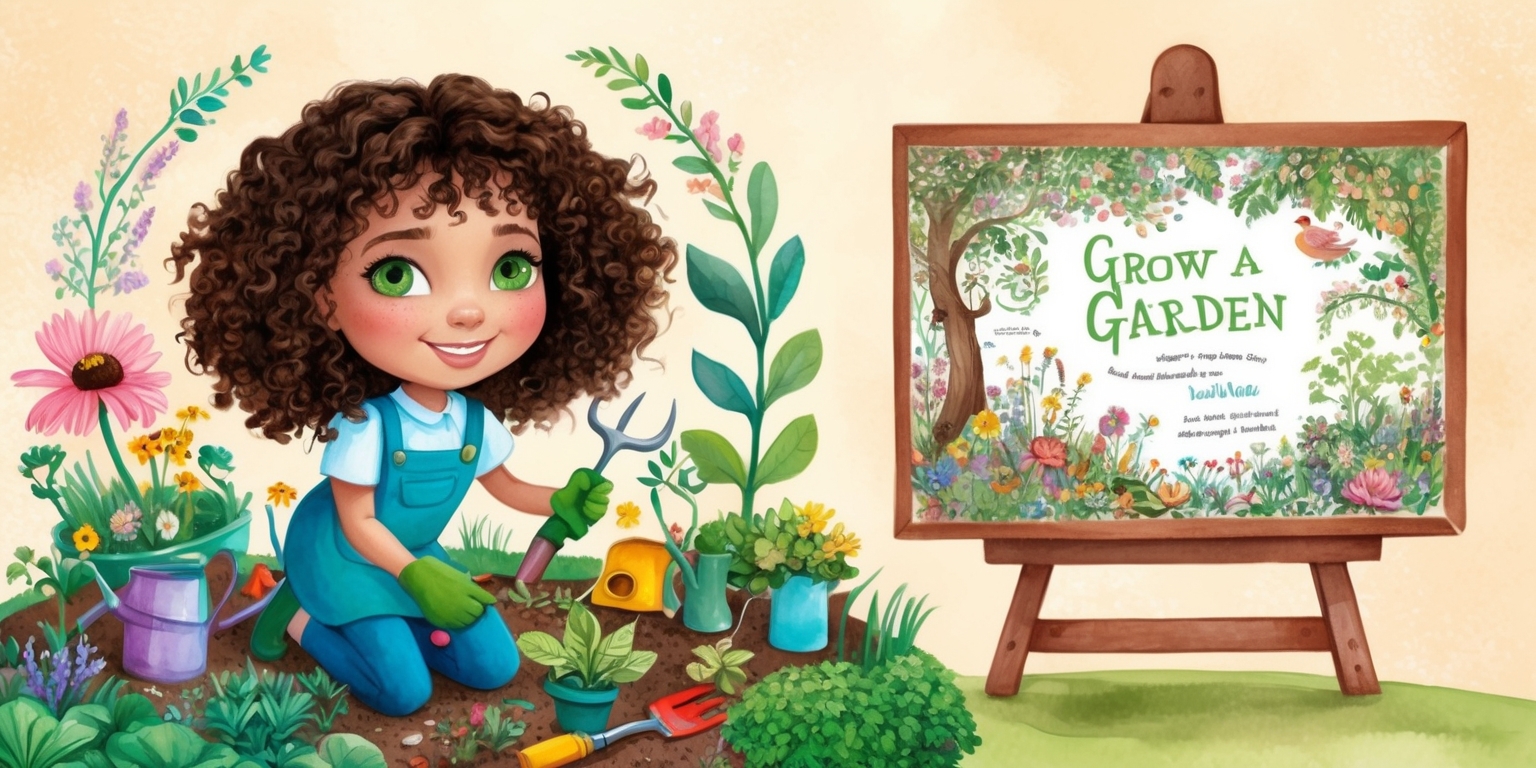 A whimsical illustration of a girl with curly brown hair, bright green eyes, and a kind smile, kneeling amidst a lush, vibrant garden, surrounded by an assortment of colorful tools and plants, showcasing her passion for gardening, with a faint wooden table in the background holding a charming, hand-drawn Grow a Garden game board, adorned with intricate illustrations of flowers, trees, and garden creatures, in a mix of watercolor and digital media, blending earthy tones with pops of pastel colors, set against a warm, creamy background, evoking a sense of serenity and wonder.