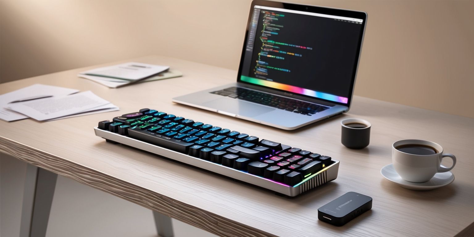 Innovative wireless mechanical keyboard with a sleek and modern design, featuring a compact tenkeyless layout, customizable backlighting with a spectrum of vibrant colors, and a durable aluminum frame, sitting on a minimalist wooden desk with a subtle wood grain texture, surrounded by a few scattered papers and a cup of coffee, with the keyboard's keys having a slight shine to them and the wireless receiver plugged into a nearby computer, which has a thin silver laptop body and a glowing screen displaying a coding interface with lines of code in a monospace font, all set against a softly blurred background with a neutral beige color, and the overall atmosphere is one of focus and productivity.