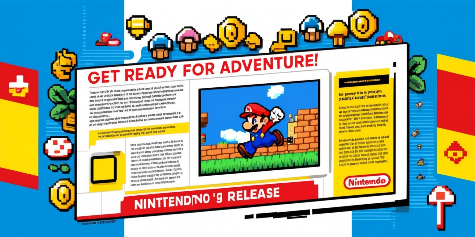 A vibrant and detailed illustration of a Nintendo game release article, set against a bright blue background with subtle pixel art textures, featuring a prominent screenshot of the game's main character in action, surrounded by colorful graphics and icons of power-ups, coins, and mushrooms, with a bold, eye-catching headline in a modern, sans-serif font, Get Ready for Adventure! in bright red and yellow, accompanied by a brief summary of the game's features and storyline in a clean, easy-to-read font, with a few strategically-placed Nintendo logos and icons in their signature red and white color scheme, adding a touch of nostalgia and excitement to the overall design, with bold lines, rounded edges, and a sense of energy and movement, capturing the thrill and anticipation of a new game release.