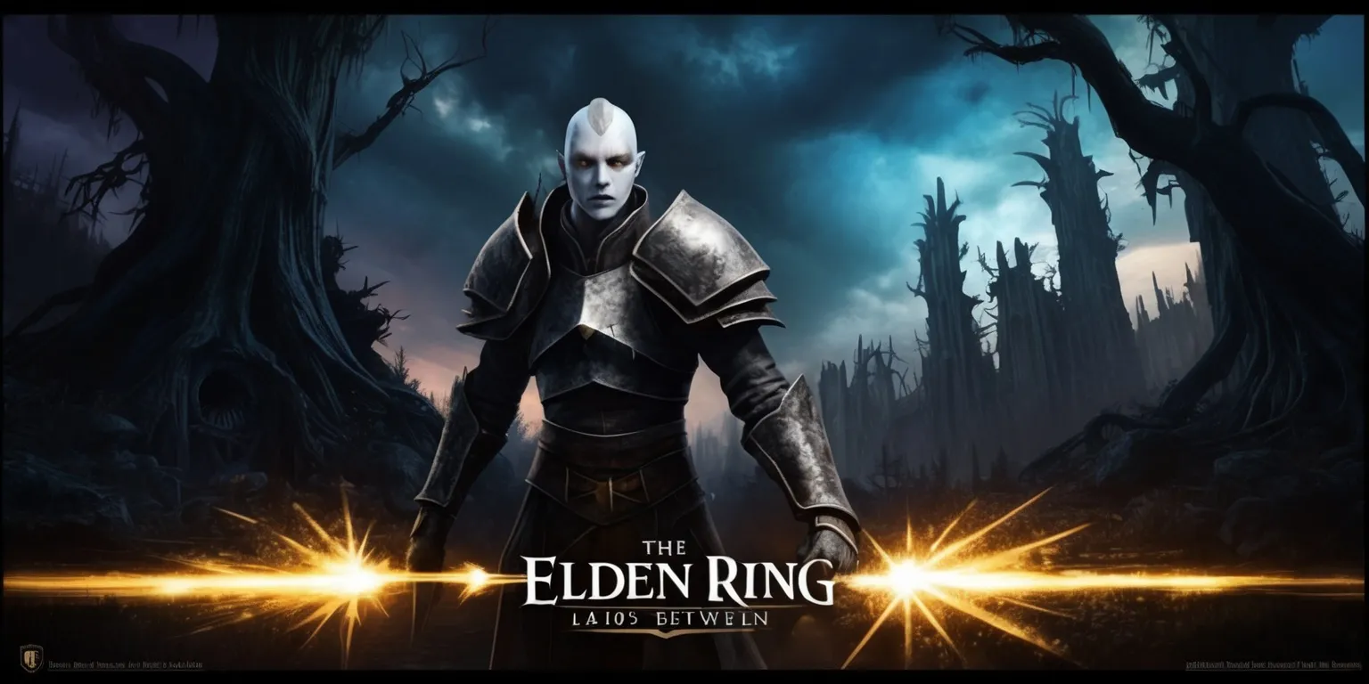 A dark fantasy scene from the Elden Ring game, featuring a lone figure of a Tarnished warrior, with a strong facial structure, pale skin, and piercing eyes, donning a suit of worn, metallic armor, set against a backdrop of a ruined, Gothic-inspired landscape with towering, twisted trees, and a haunting, atmospheric sky with a mixture of deep blues and purples, the overall style is reminiscent of a dramatic, action-packed video game screenshot, with bold lines, and intricate details, the color palette is dark and muted, with flashes of golden light emanating from the Tarnished's weapons and armor, the scene is framed in a widescreen format, with the Tarnished positioned at the center, ready to face the challenges of the Lands Between.