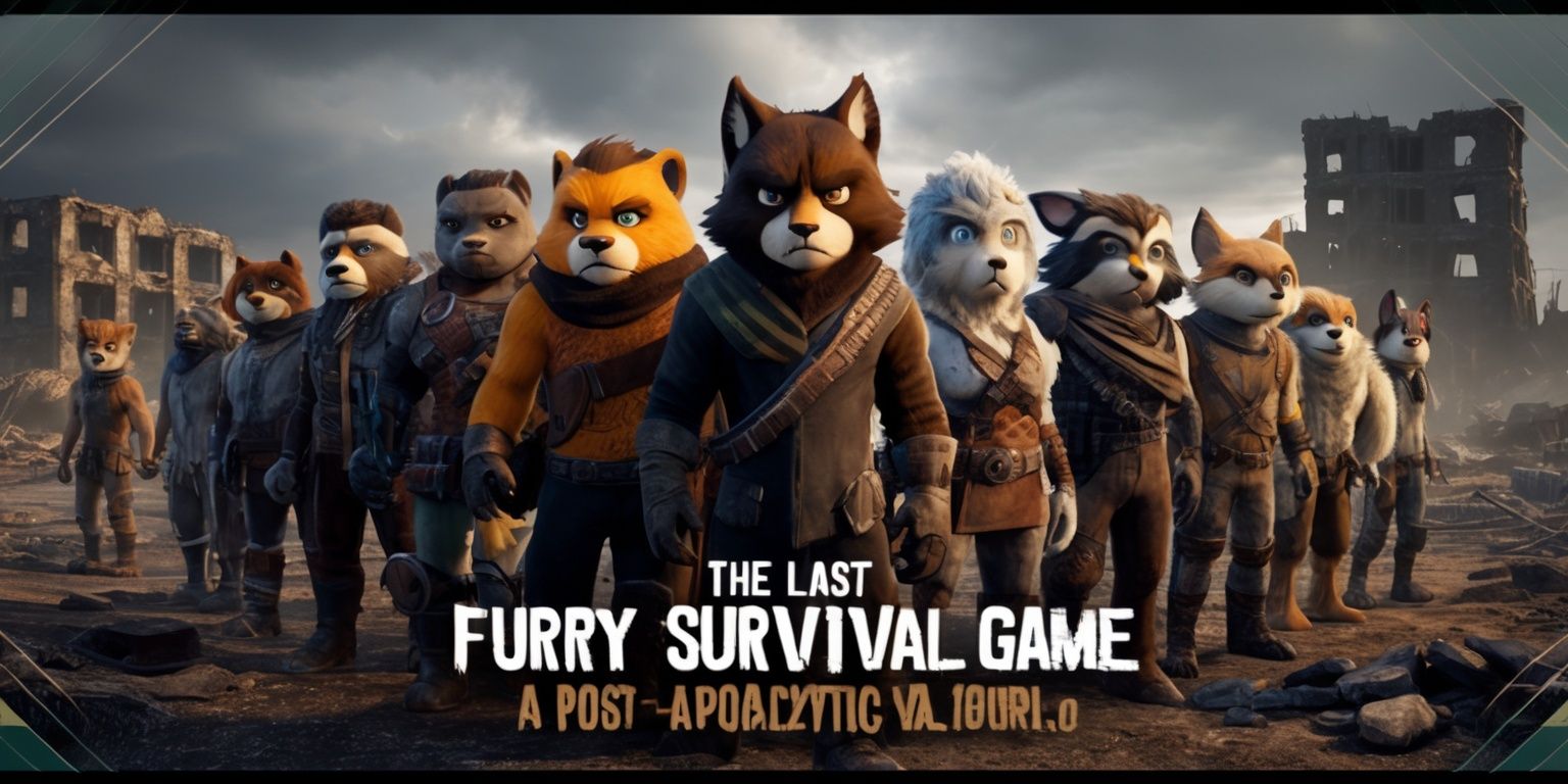 A dramatic scene from the Last Furry Survival game, set in a post-apocalyptic world with a group of furry characters, each with unique facial features and vibrant fur colors, standing together in a desolate landscape with ruins of buildings in the background, the characters are diverse with varying skin tones and fur textures, some with distinctive markings or accessories, the atmosphere is tense and suspenseful with a sense of camaraderie among the group, the color palette is muted with shades of brown and grey, with hints of bright colors from the characters' fur, the style is reminiscent of a video game with bold lines and detailed textures, the layout is dynamic with the characters positioned in a semi-circle, framing the scene is a subtle gradient effect that adds depth to the image.