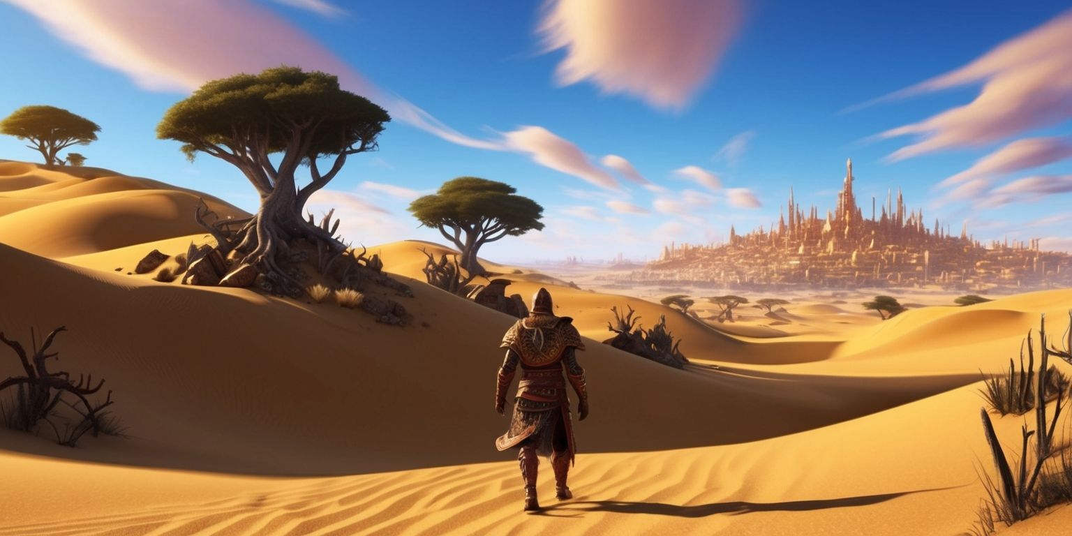 A serene and vibrant scene from the Crimson Desert game, featuring a majestic landscape with rolling hills of golden sand, punctuated by clusters of peculiar rock formations and sparse, twisted tree trunks, set against a brilliant blue sky with wispy clouds, as a lone figure, adorned in intricate, earth-toned armor, with an determined expression, walks towards the horizon, with the warm, golden light of the setting sun casting long shadows across the dunes, and in the distance, the silhouette of a sprawling, ancient city, with intricate architecture and majestic spires, under the glow of a fiery, crimson-hued sunset.