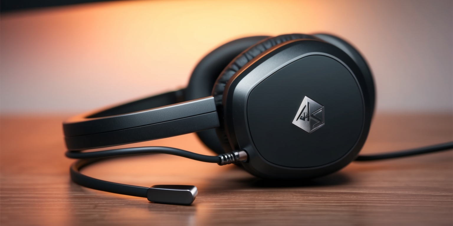 A close-up view of a sleek and modern affordable wired gaming headset, with a sturdy headband and soft padding, resting on a wooden desk, with a subtle gradient of warm colors in the background, the headset's microphone is positioned on the left side, and the audio cable is neatly wrapped around the base of the headband, the overall design exudes a sense of durability and comfort, with a mix of matte and glossy finishes, and the brand's logo is discreetly embedded on the side of the earcup in a silver metallic font.