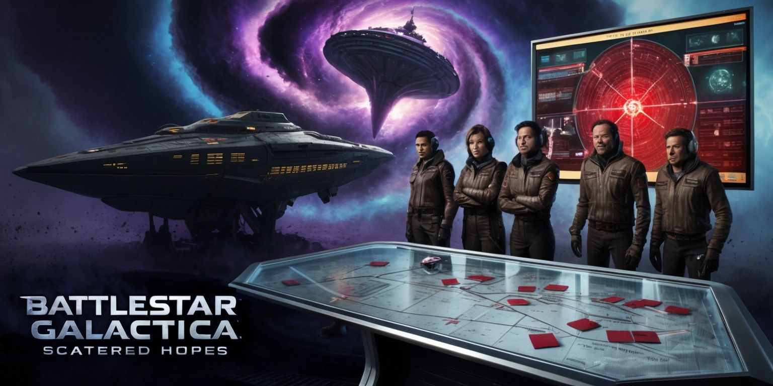 A dramatic scene from the Battlestar Galactica: Scattered Hopes game, set in a dark and gritty sci-fi universe, with a mix of earthy tones and metallic colors, featuring a Colonial Viper spaceship in the foreground, with the Battlestar Galactica looming large in the background, surrounded by a swirling vortex of purple and blue gas, as a group of determined-looking pilots with worn leather jackets and helmets, and exhausted expressions, stand in front of a sleek, silver console, with a large, red-lit radar screen displaying a complex web of navigation charts and enemy ship trajectories, and a scattering of tactical markers and notes on a transparent glass board, with the words Battlestar Galactica and Scattered Hopes emblazoned in bold, metallic letters across the top of the screen.