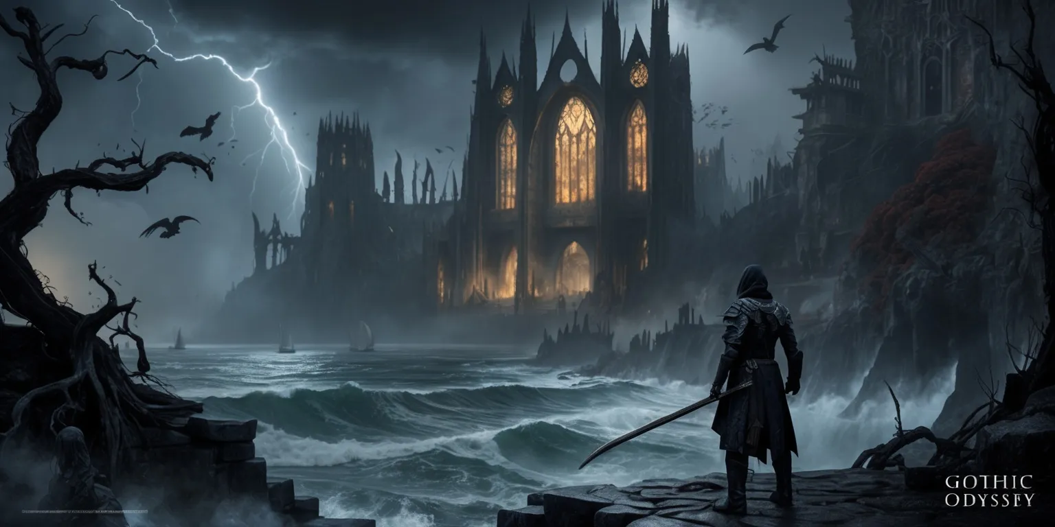 Gothic Odyssey, a dark fantasy adventure game concept rendered as cinematic key art: a lone traveler in weathered black armor stands on a crumbling cliff above a storm-tossed sea, facing a colossal ruined cathedral and ancient gothic city rising from the mist. Jagged cliffs, twisted dead trees, gargoyles, glowing stained-glass windows, drifting ravens, and distant ghostly ships create an ominous, mysterious atmosphere. Deep charcoal, midnight blue, burgundy, and muted gold dominate the palette, illuminated by cold moonlight, faint lanterns, and dramatic flashes of lightning. Highly detailed environment design, ornate medieval architecture, atmospheric fog, dramatic perspective, strong silhouette, epic composition, dark gothic fantasy aesthetic, polished AAA video game cover art, cinematic lighting, rich textures, and a sense of dangerous exploration.