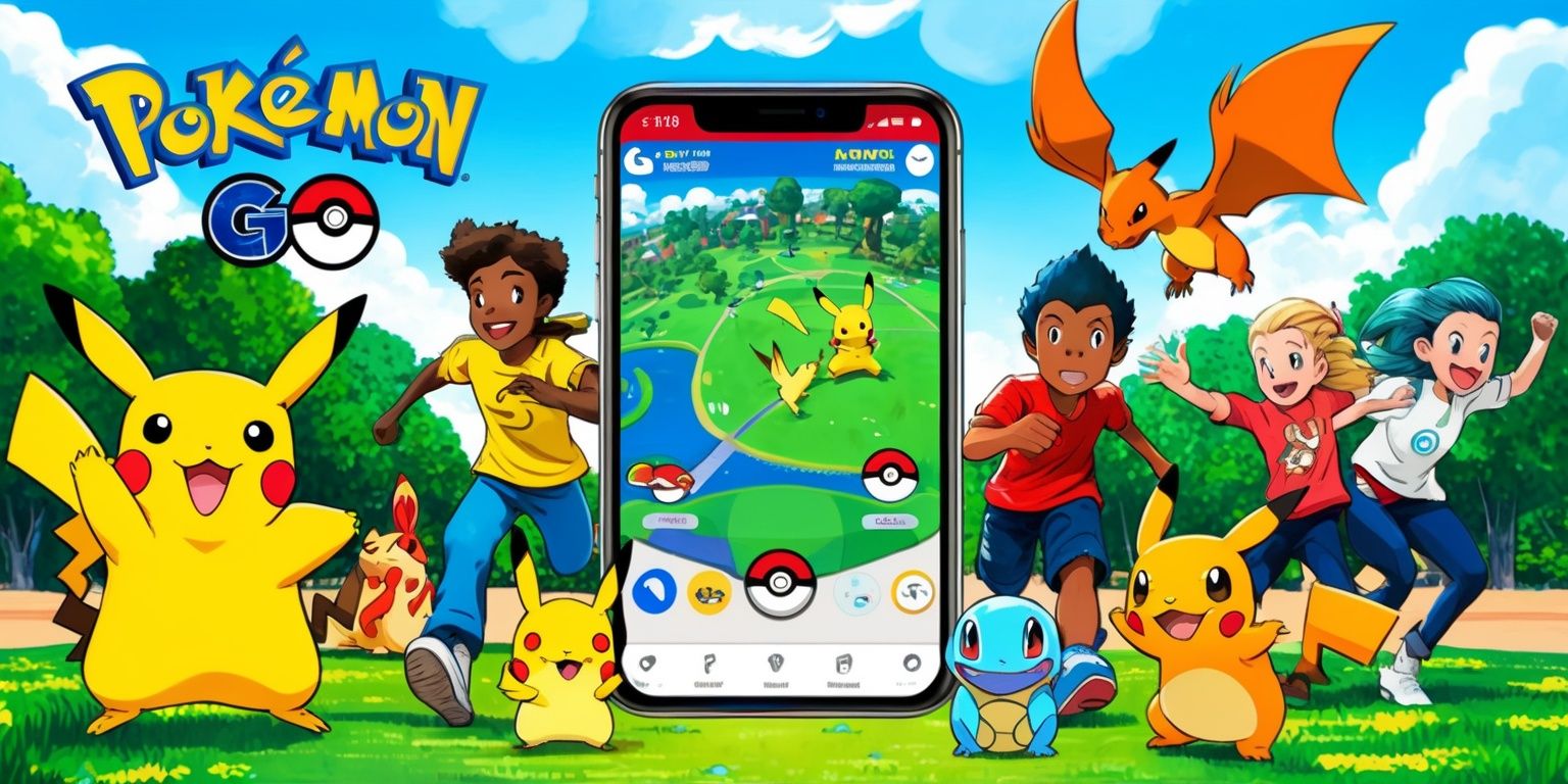 A vibrant and detailed illustration of a Pokémon Go game guide, set against a bright and colorful outdoor background, with a mix of lush green trees, clear blue skies, and fluffy white clouds, featuring various Pokémon characters, such as Pikachu, Charizard, and Squirtle, in a dynamic and action-packed scene, with a large smartphone in the center, displaying the Pokémon Go game interface, with a map view, Pokémon icons, and a Poké Ball, surrounded by excited players of different ages and skin colors, with unique facial features and hairstyles, all engaged in gameplay, with a few players wearing Pokémon-themed apparel and accessories, and a subtle Pokémon Go logo in the top left corner, in a bold, modern font, with a color scheme that matches the game's iconic colors, including red, blue, and yellow.