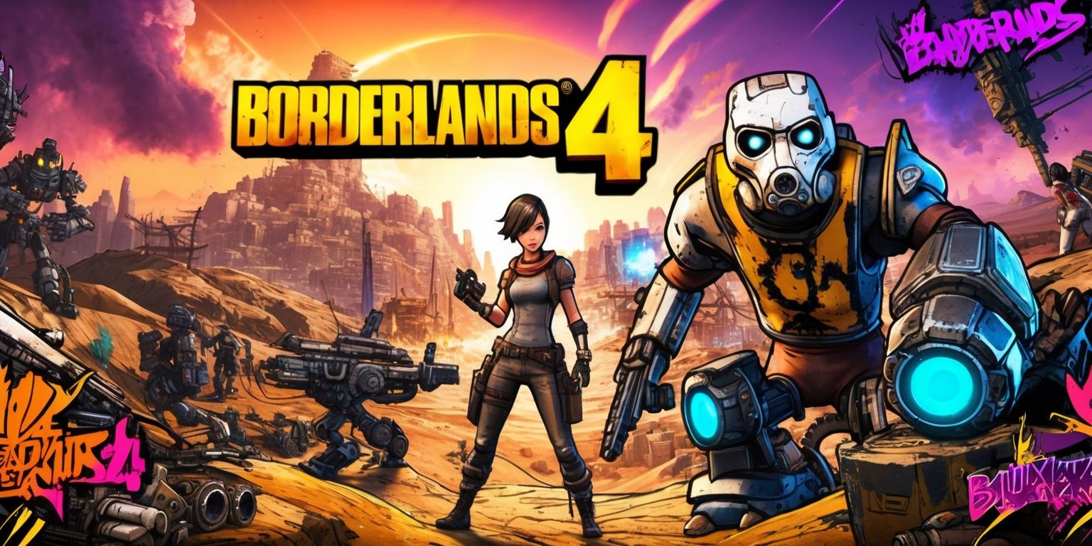 A vibrant, post-apocalyptic scene depicting the chaotic world of Borderlands 4, with a dusty, rugged landscape and a sprawling, ominous cityscape in the background, set against a fiery, sunset-colored sky with hints of purple and orange, featuring a variety of eccentric, heavily-armed characters, including a female Vault Hunter with short, spiky hair and a determined expression, standing alongside a hulking, robotic Claptrap with a sleek, metallic body and glowing blue optics, surrounded by an assortment of futuristic, high-tech weapons and gear, with bold, graffiti-style logos and text overlays showcasing the game's title and various faction symbols, all rendered in a stylized, comic book-inspired art style with bold lines, dynamic shading, and a mix of gritty, industrial textures and sleek, metallic surfaces.