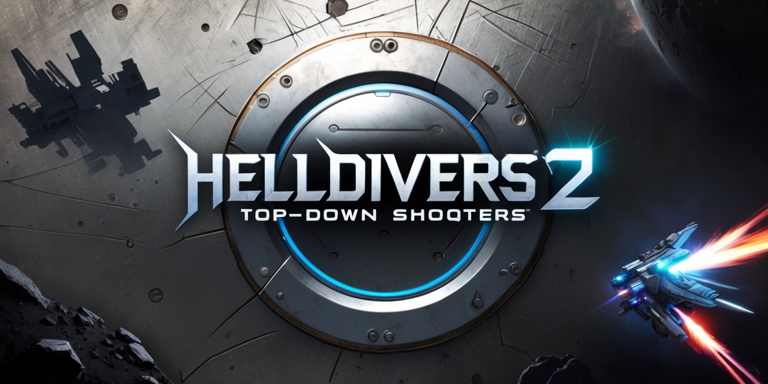 A futuristic, action-packed illustration featuring the logo of Helldivers 2, a top-down shooter game, placed centrally on a worn, metallic background with visible scratches and bolts, evoking a sense of battle-hardened equipment. The logo, in a bold, silver font with sharp edges, is emblazoned on a circular, metallic plate with a subtle, gradient blue glow emanating from the edges. Surrounding the logo are hints of planetary environments, such as rocky terrain, craters, and a subtle, starry night sky, to represent the game's intergalactic setting. In the background, subtle, silhouetted images of Helldivers' spacecraft and mechs are seen engaging in fierce battles, with flashes of bright, neon-colored laser fire and explosions. The color palette is a mix of dark grays, metallic silvers, and blues, with accents of red and orange to convey a sense of intensity and urgency.