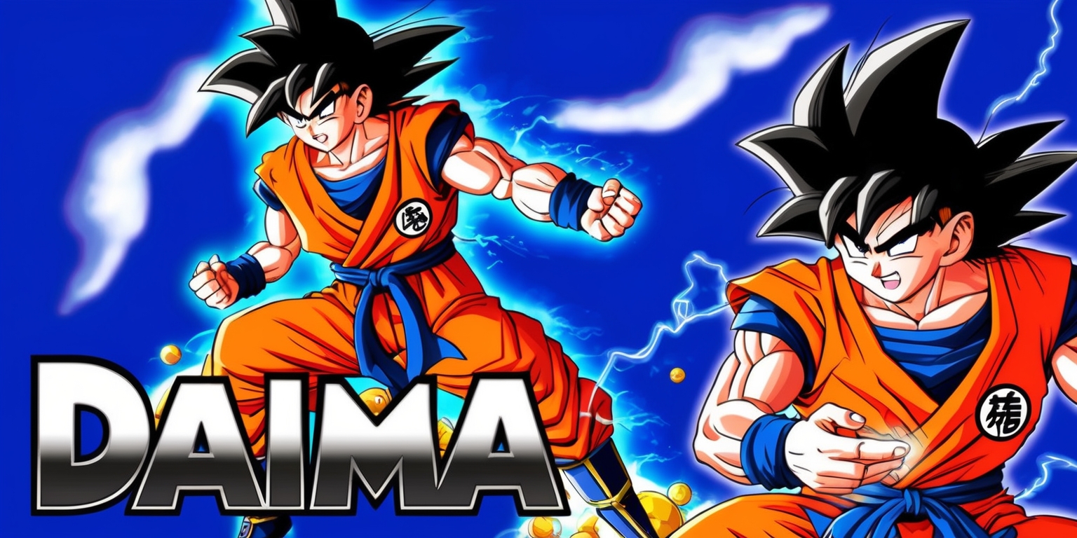 A vibrant and dynamic anime-style illustration featuring a iconic scene from the Dragon Ball universe, set against a bold, electric blue background with subtle, wispy clouds. The main focus is on Goku, the legendary Super Saiyan, posed in a powerful stance, with his iconic gi and sash flowing in the wind. His facial features are determined, with a strong jawline, bright, piercing brown eyes, and a few loose strands of spiky black hair. The dragon balls are scattered around him, glowing with an otherworldly aura. In the foreground, the DAIMA logo is emblazoned in bold, metallic silver letters, with a subtle gradient effect. The overall aesthetic is fast-paced, action-packed, and bursting with energy, capturing the essence of the beloved anime series.