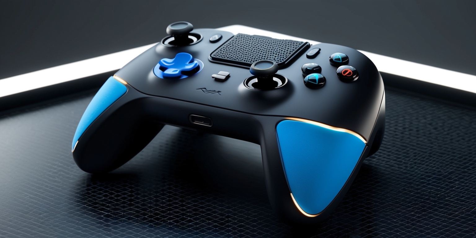 A sleek next-generation game controller with a futuristic design, featuring a matte black body, vibrant blue accents, and ergonomic grips, placed on a dark grey background, with a subtle grid pattern, and a shallow depth of field, highlighting the controller's intricate details, such as the directional pad, face buttons, and analog sticks, with a mix of glossy and metallic finishes, and a thin border of ambient light around the device, giving it a premium and high-tech appearance, with the brand's logo embossed in a silver font, with clean lines and minimalist typography, and a few subtle LED lights indicating the controller's status, with a focus on showcasing the device's advanced features and sleek design.