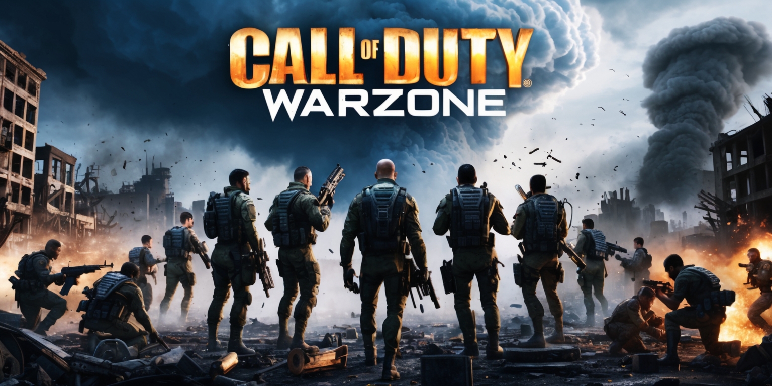 A dramatic scene depicting a Call of Duty: Warzone event, set in a vast, ruined cityscape with intense lighting, bold colors, and dynamic composition, featuring a group of diverse soldiers with unique facial features, skin tones, and attire, armed with futuristic weapons, standing back to back, surrounded by destroyed buildings, smoldering vehicles, and smoke-filled skies, with a massive, ominous storm cloud looming in the background, and in the foreground, a few soldiers are seen engaging in an intense firefight, with bullets flying everywhere, and explosions rocking the ground, while others are shown strategizing, looking at a map, or providing medical aid to injured comrades, with the Call of Duty: Warzone logo prominently displayed in a bold, metallic font, at the top of the image, in a bright, fiery color, that matches the intense mood of the scene.